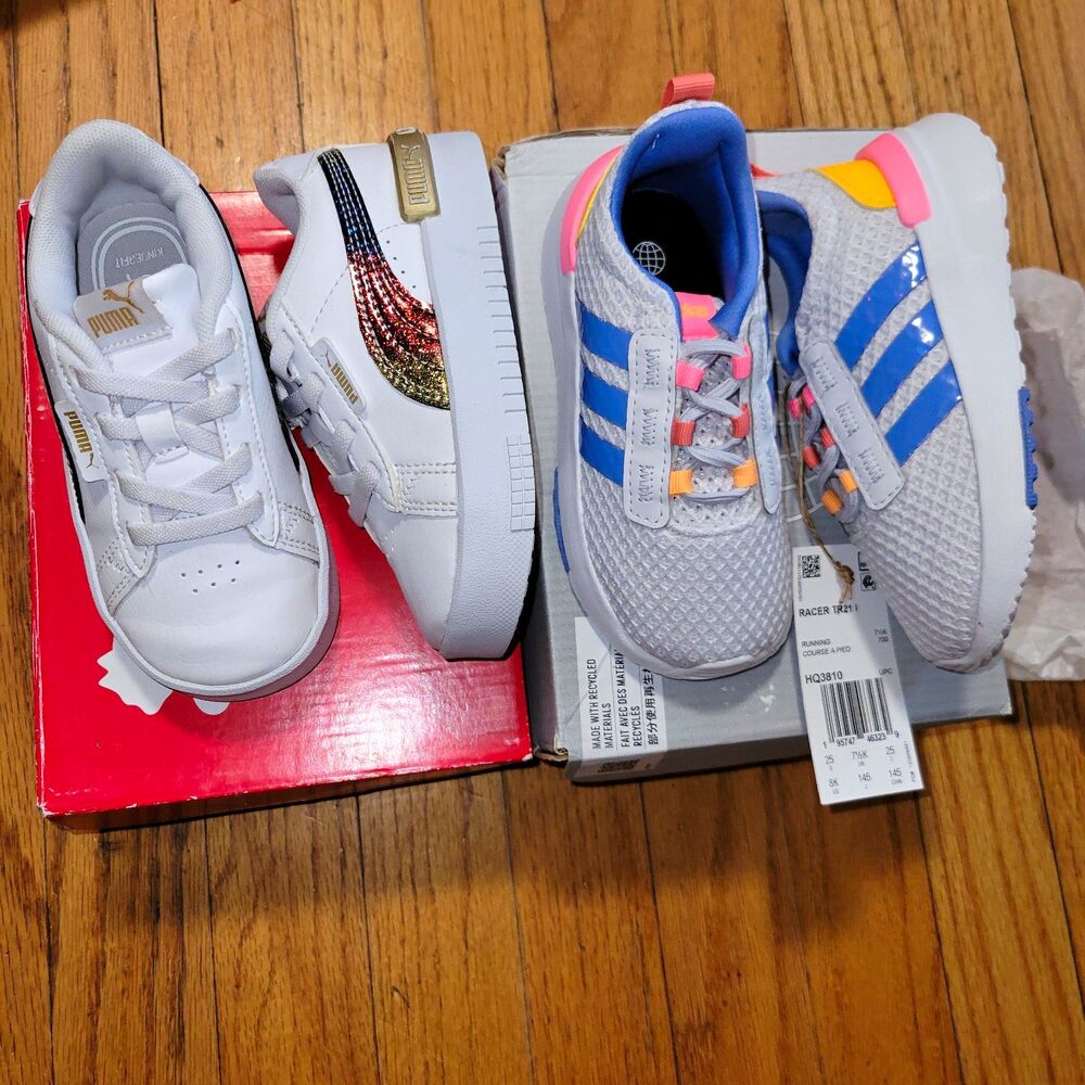 new Adidas euc PUMA Kids Sneaker Lot 2 Pairs Lace Up Low Top US 8 White Multi